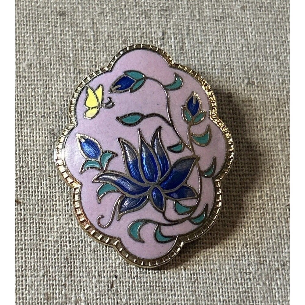 Vintage Cloisonne Enameled Gold Tone Brooch Pin Pink Purple Flower Butterfly